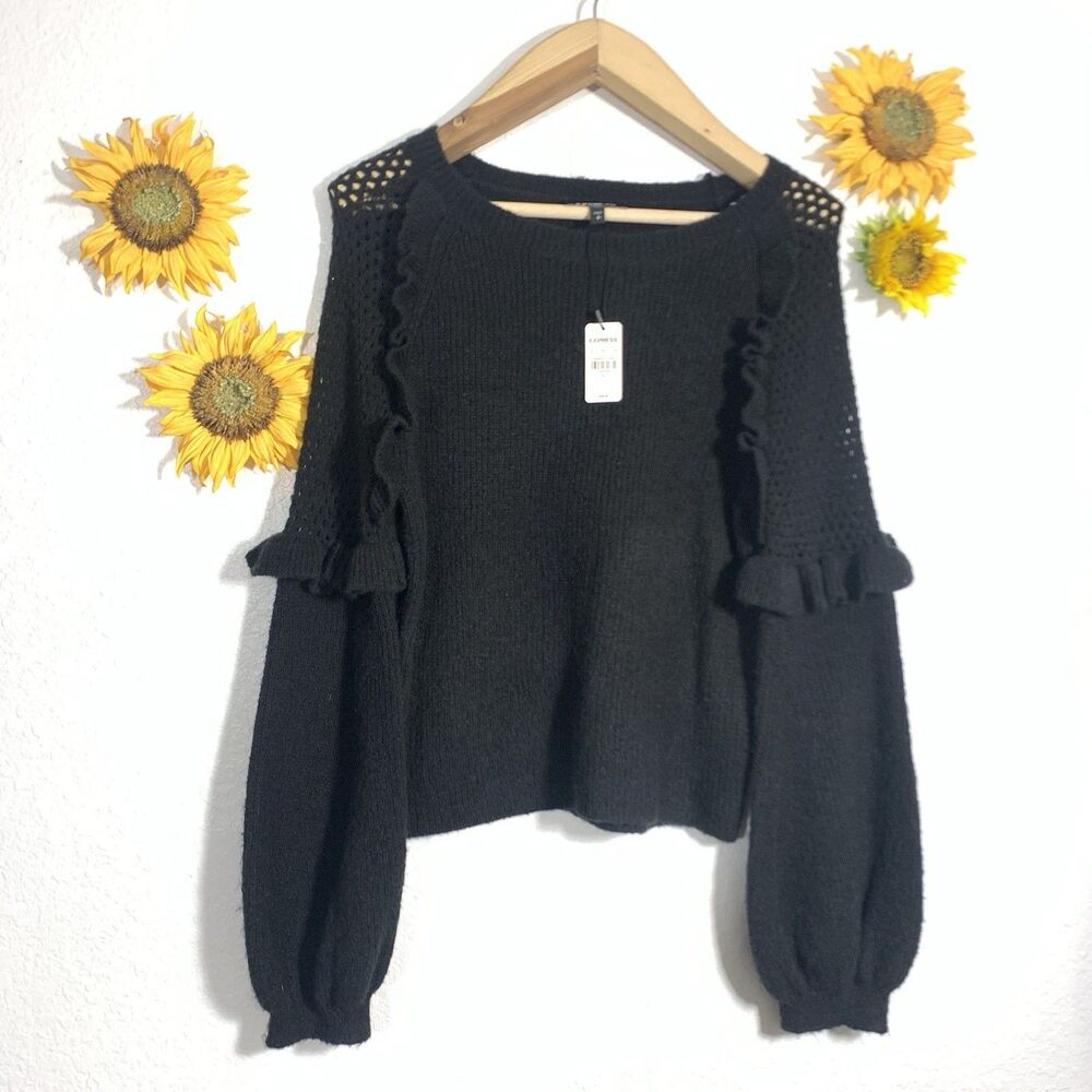 Express NWT $70 Black Ruffle Bishop Sleeve Sweater Size Small Women’s
